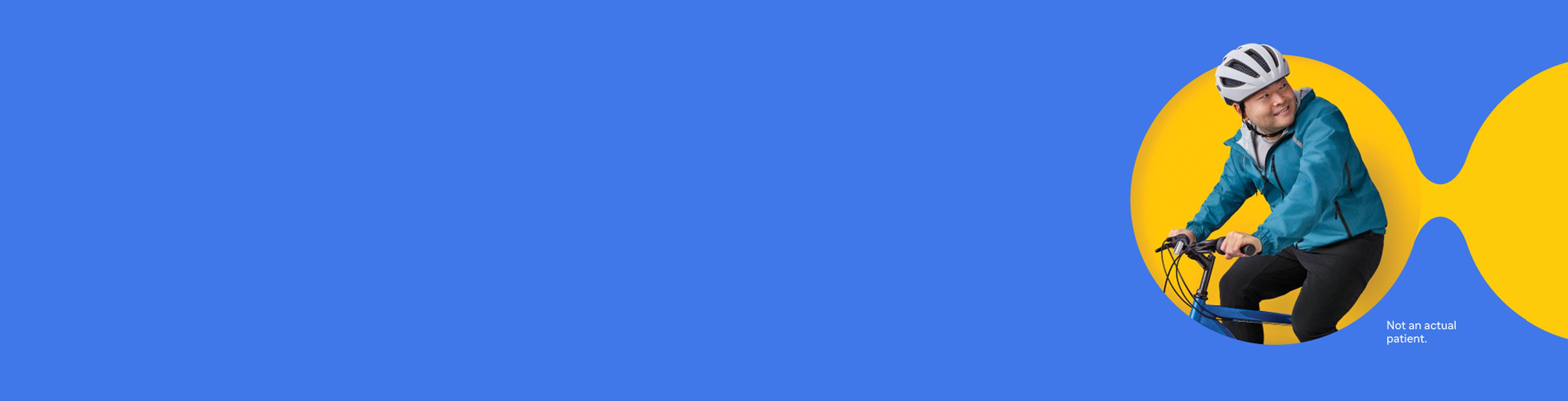 The image of a man biking inside a yellow circle connected to 5 other circles on a blue rectangular background