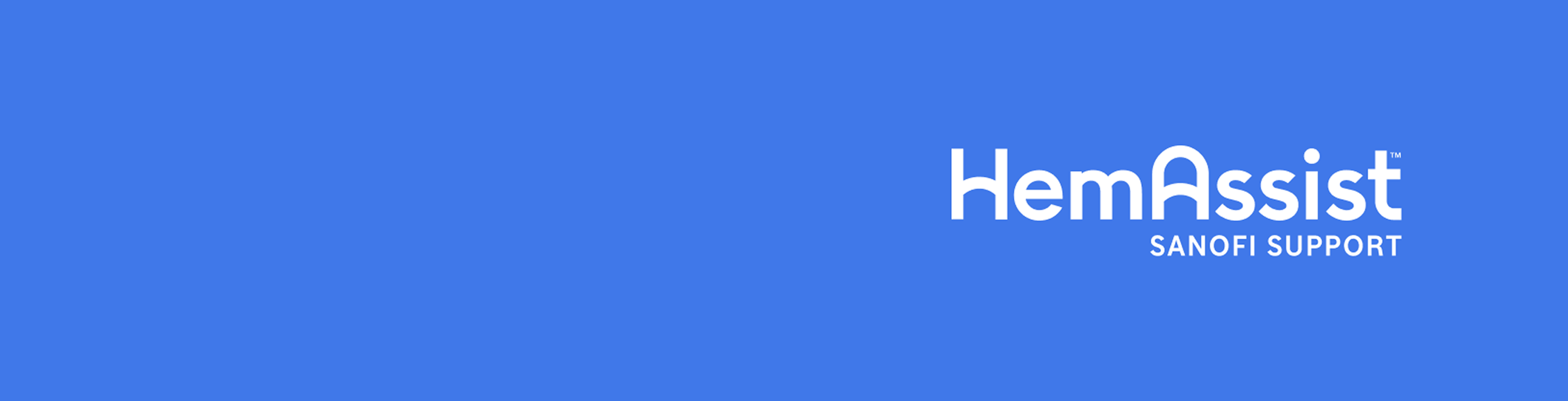 HemAssist Sanofi Patient Support on a rectangular blue background