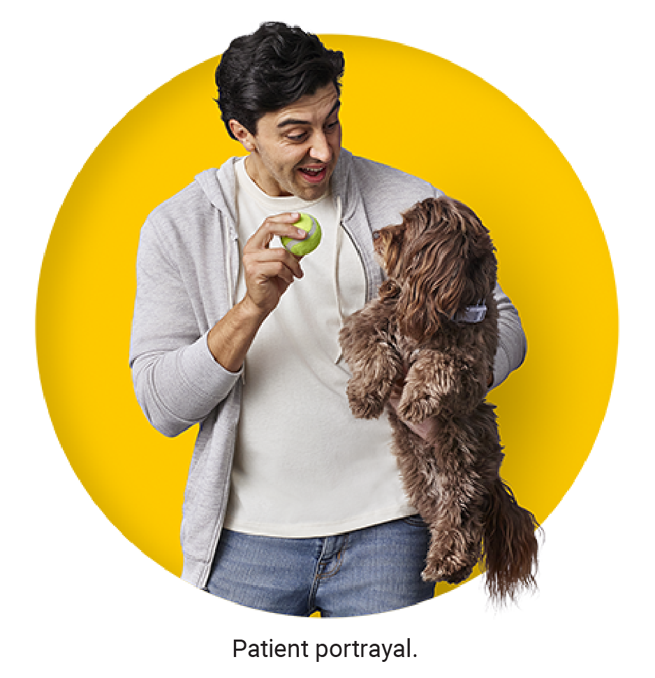 The image of a man playing with his dog inside a yellow circle background