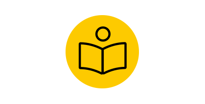 A person reading a guide inside a yellow circle background